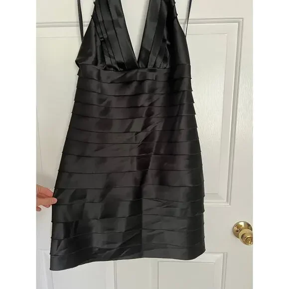 BCBGMaxazria Black Satin Y2K Whimsygoth Halter Cocktail Dress - Picture 4 of 7